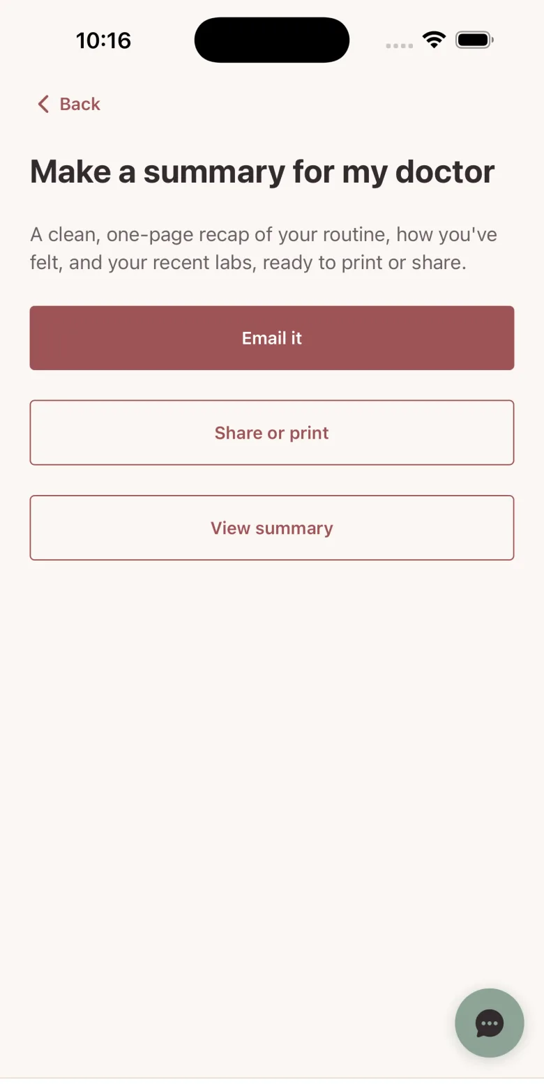 MyLane's 'Make a summary for my doctor' screen — a clean one-page recap of your routine, how you've felt, and your recent labs, with Email it, Share or print, and View summary buttons