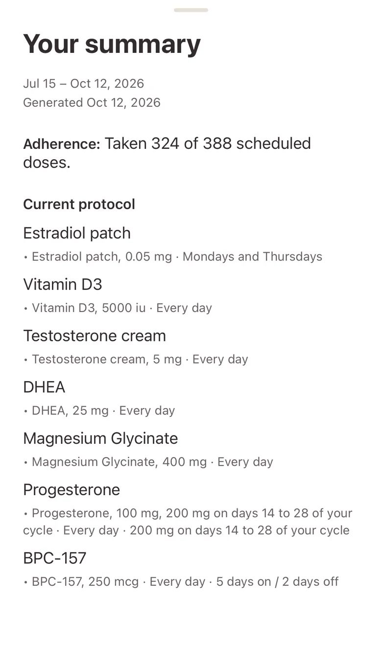 MyLane's doctor summary for Jul 15 to Oct 12, 2026: doses taken out of those scheduled, and the current protocol listed item by item with each schedule