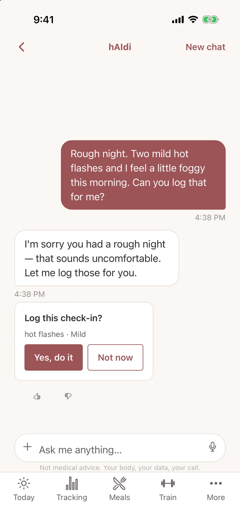 A hAIdi chat where she writes about a rough night with two mild hot flashes and asks to log it, and hAIdi answers with a Log this check-in card with Yes, do it and Not now buttons