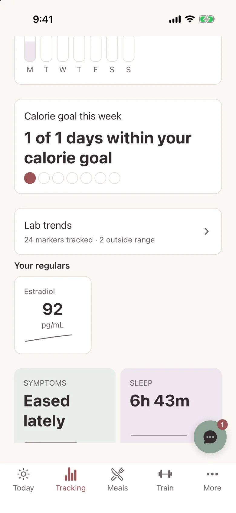 MyLane's Insights screen with a calorie goal tracker for the week, lab trends with 24 markers tracked, an Estradiol card, and symptom and sleep summaries