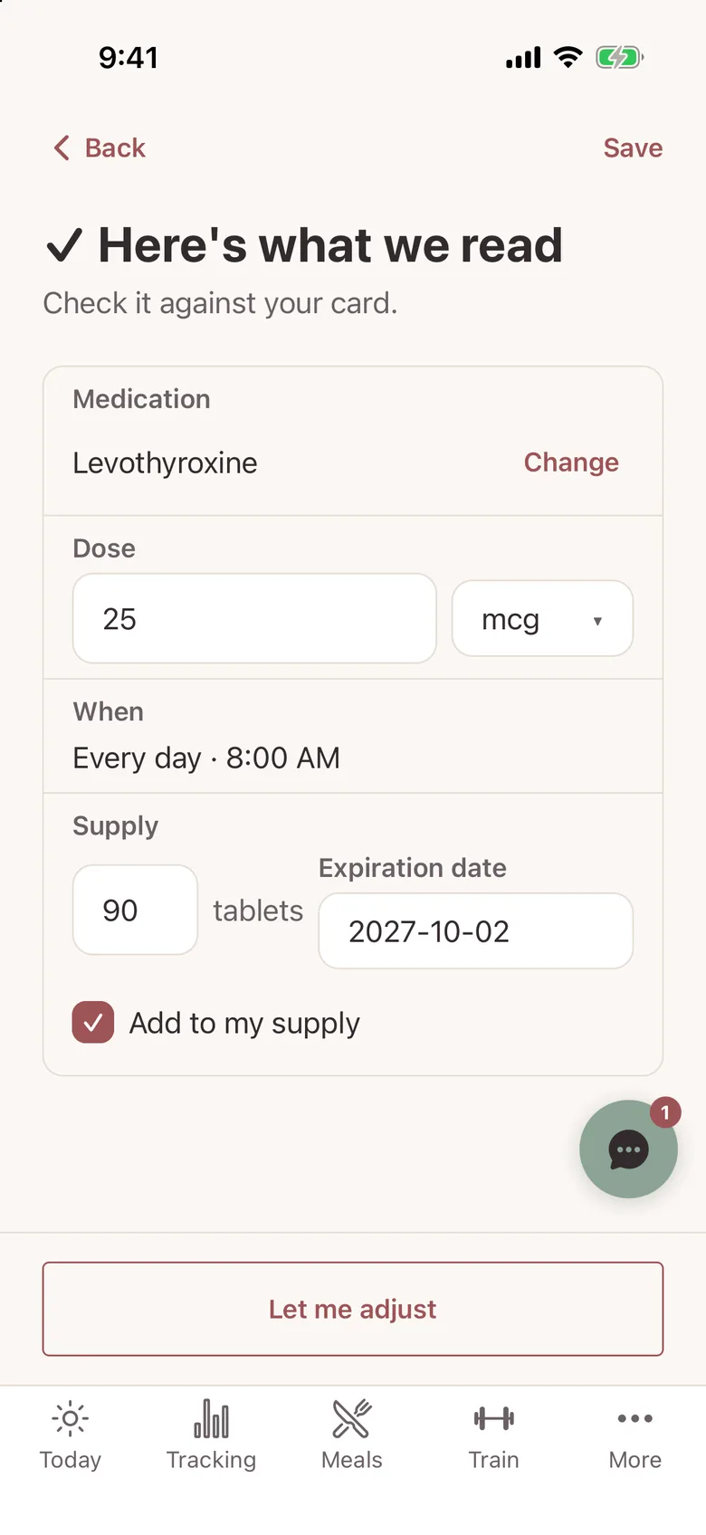 MyLane's label scan result, Here's what we read, with Levothyroxine 25 mcg every day at 8:00 AM, 90 tablets and an expiration date filled into the routine form to check against the card