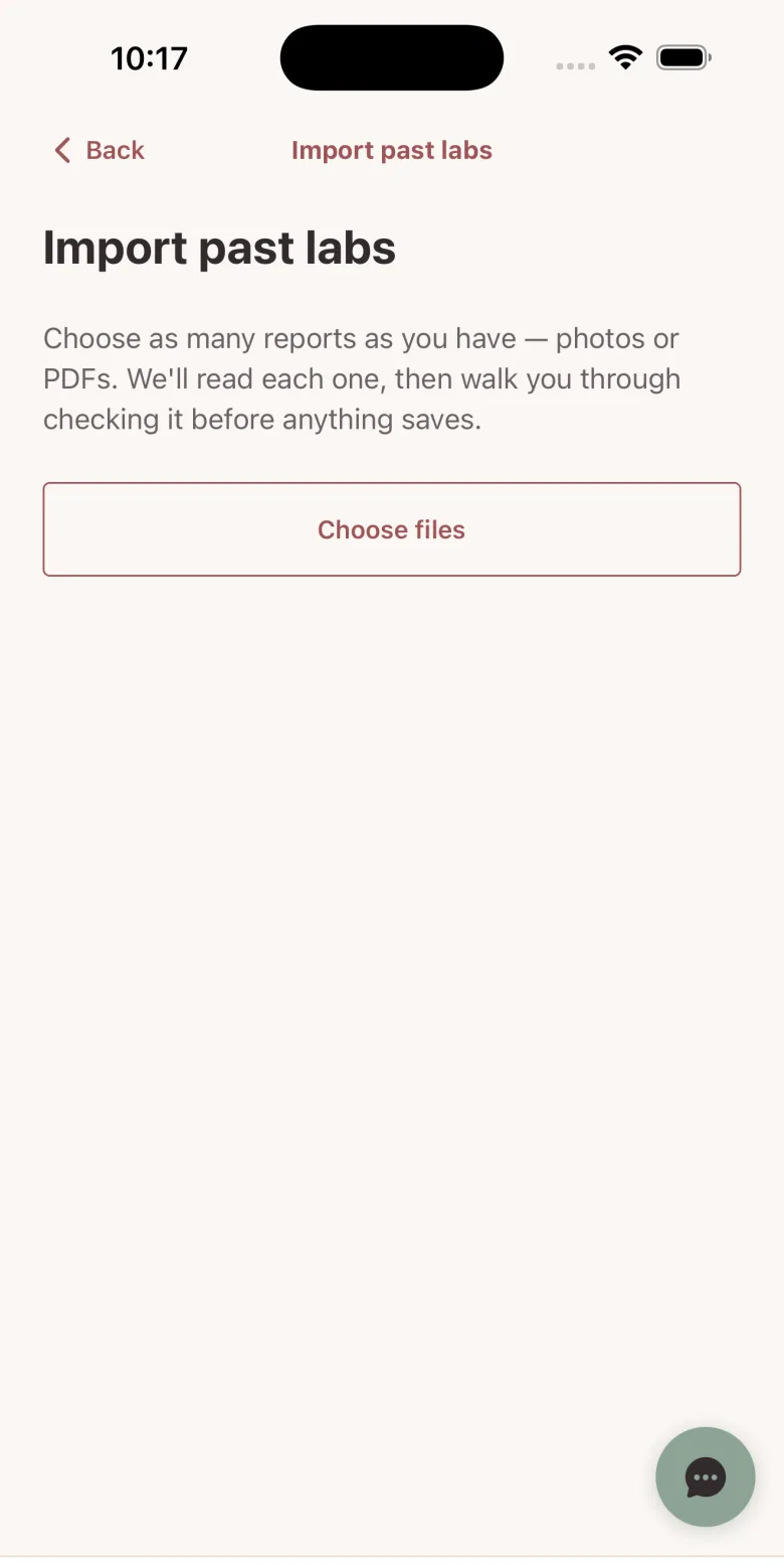 MyLane's Import past labs screen: choose as many reports as you have, photos or PDFs, and the app reads each one and walks you through checking it before anything saves