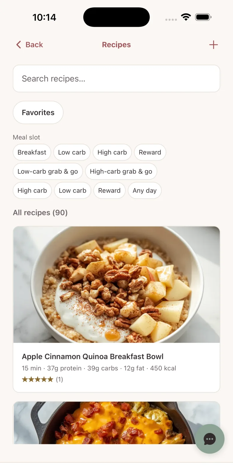 MyLane's recipe library with search, a Favorites filter, meal-slot and carb-level chips like Breakfast, Low carb and High-carb grab & go, and an Apple Cinnamon Quinoa Breakfast Bowl card showing prep time, macros, calories and a 5-star rating