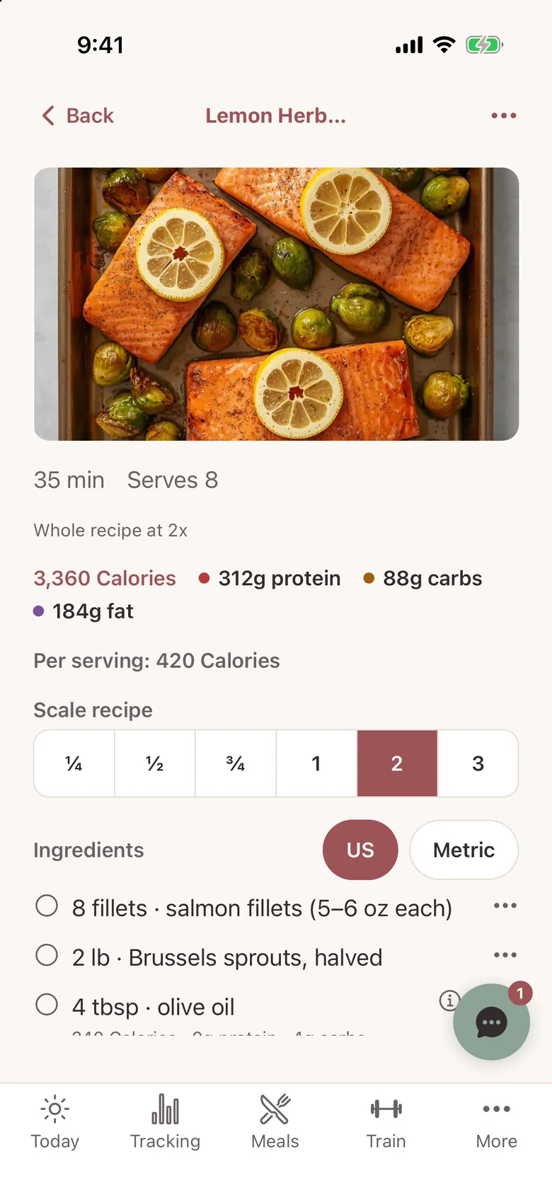 A Lemon Herb salmon recipe in MyLane scaled to serve 8, with total and per-serving calories, scale buttons from a quarter to triple, US and Metric units, and the ingredient list