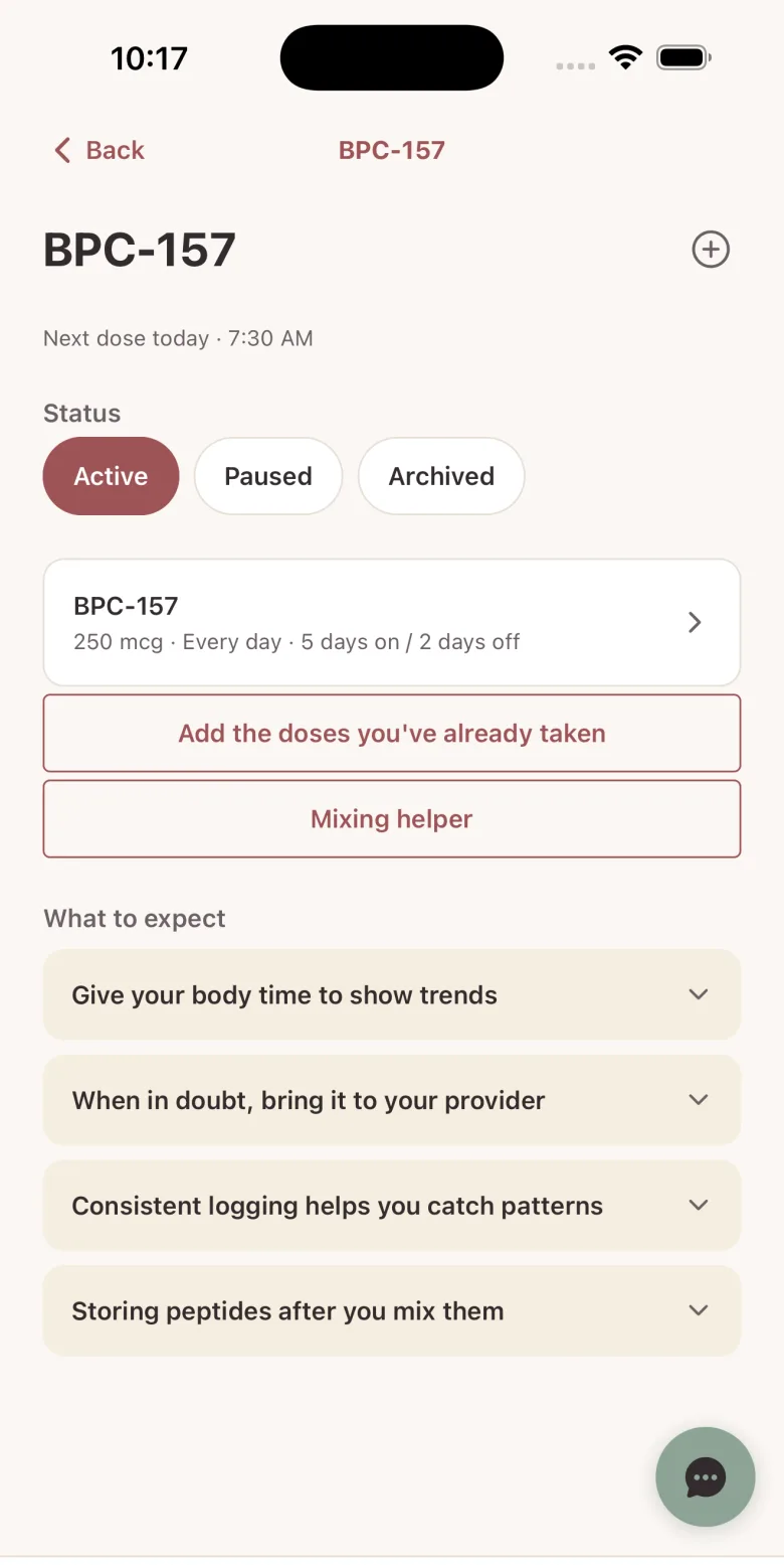 MyLane's protocol detail screen for BPC-157 showing the next dose time, Active/Paused/Archived status, the dose and 5-days-on/2-days-off schedule, backfill and Mixing helper buttons, and plain-English 'What to expect' notes including 'When in doubt, bring it to your provider'