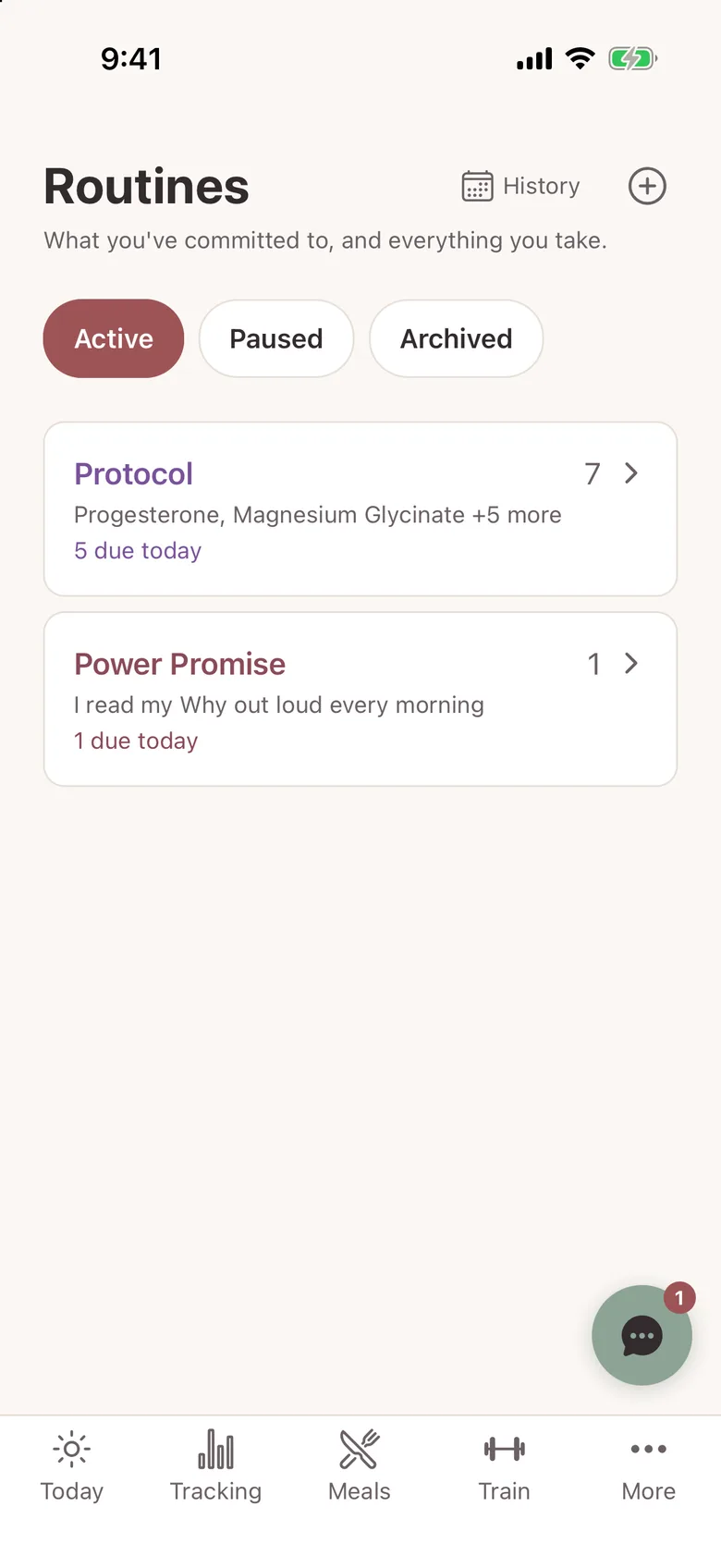 MyLane's Routines screen, What you've committed to and everything you take, with Active, Paused and Archived tabs, a Protocol group of seven items with five due today, and a Power Promise to read my Why out loud every morning