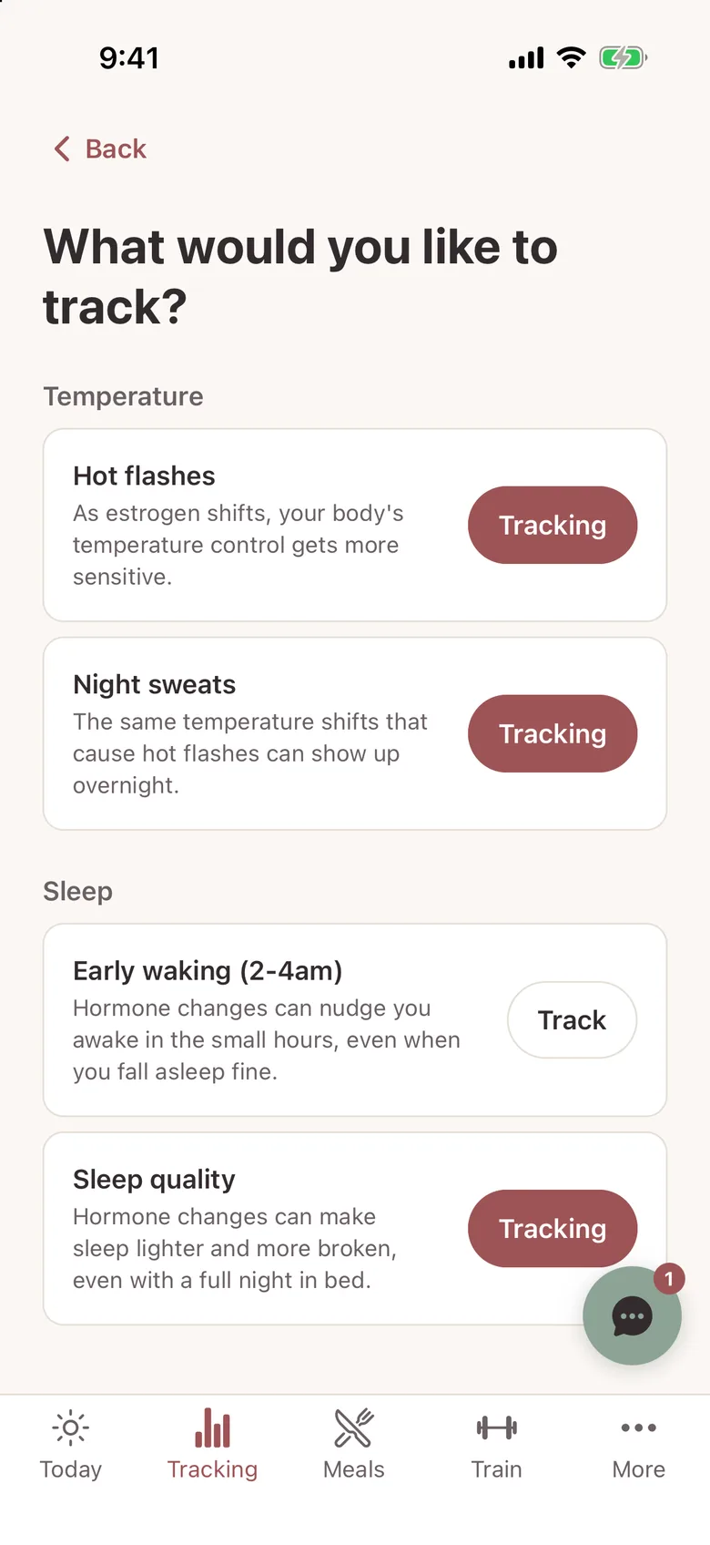 MyLane's What would you like to track? screen, with hot flashes, night sweats, early waking and sleep quality, each with a plain-English note such as 'As estrogen shifts, your body's temperature control gets more sensitive'