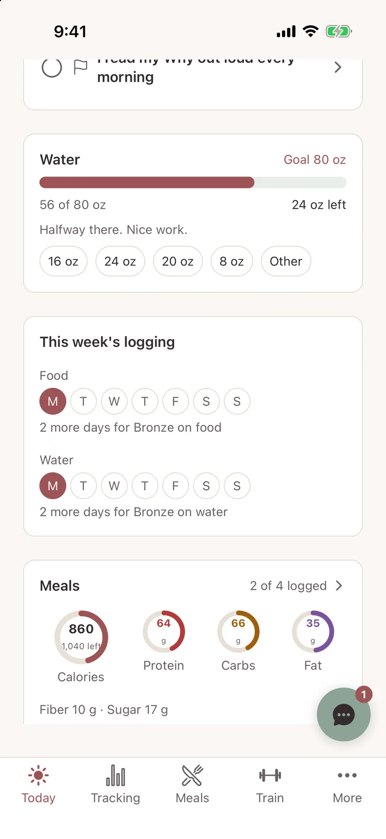 MyLane's Today cards: a water bar at 56 of 80 oz with quick-add sizes, this week's food and water logging dots, and meal rings for calories, protein, carbs and fat