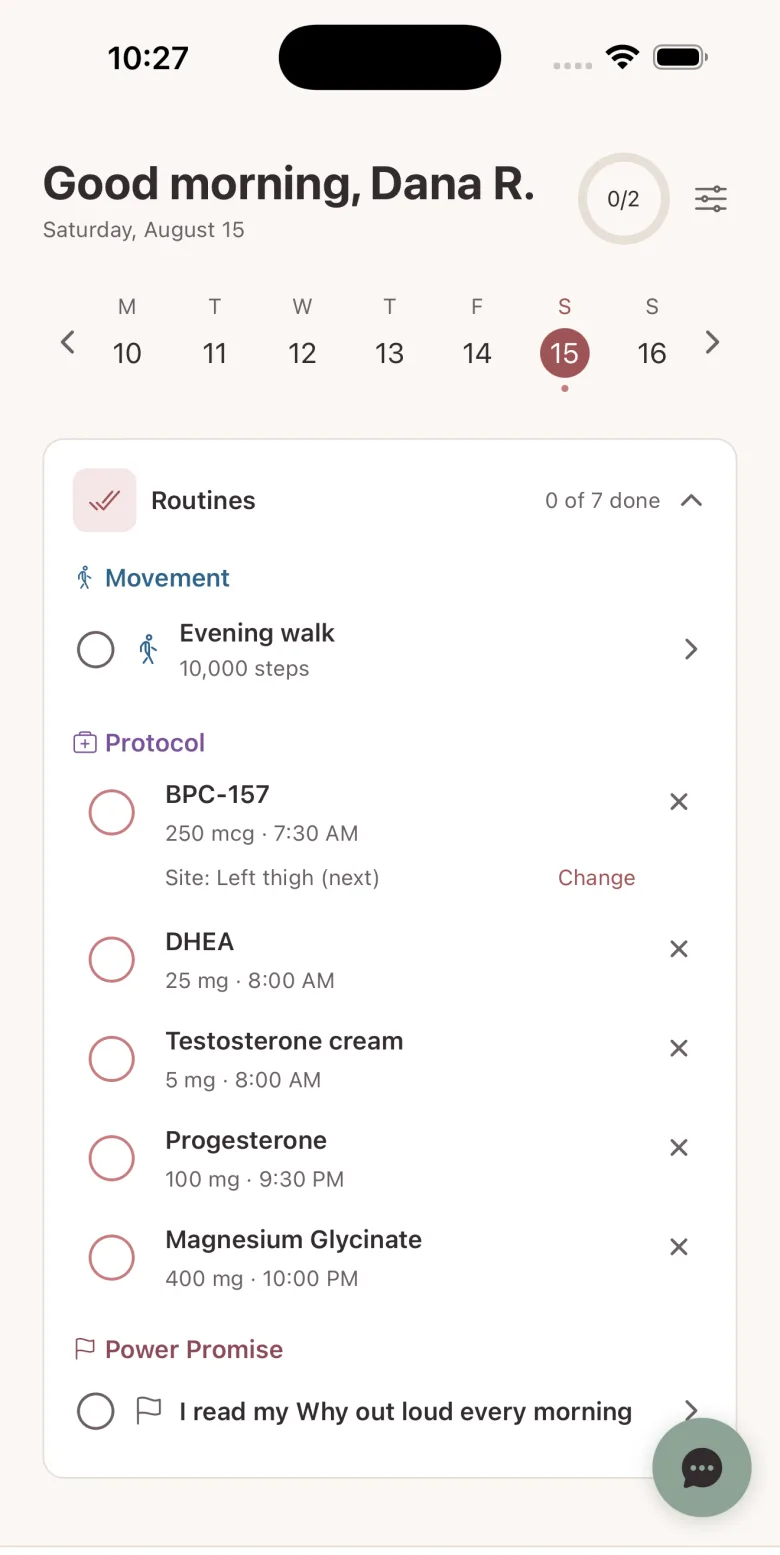 MyLane's Today screen greeting Dana R., with a week strip and a Routines card reading 0 of 7 done — an Evening walk step goal under Movement, then BPC-157, DHEA, Testosterone cream, Progesterone and Magnesium Glycinate under Protocol, each with dose and time, and a Power Promise beneath