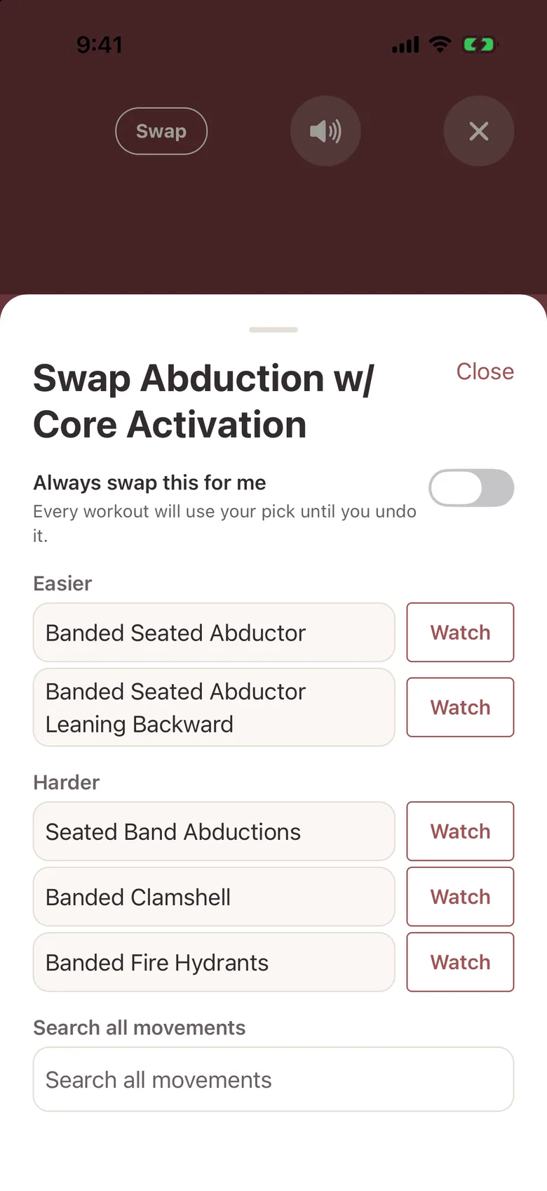 MyLane's swap sheet for a workout move, listing easier and harder alternatives, each with a Watch button, and an option to always swap it