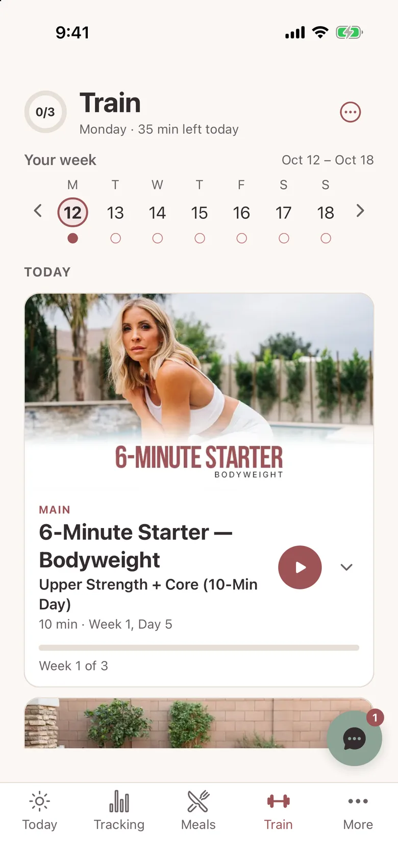 MyLane's Train tab for Monday with a week strip and today's workout, Heidi's 6-Minute Starter, Upper Strength plus Core, 10 minutes, Week 1 Day 5
